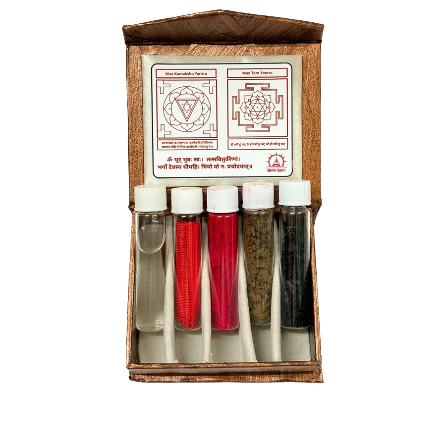 Matri Sakti Yantra — open box, front: the yantra card and five sealed vials